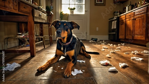 AI generated illustration of a relaxed dog on a floor surrounded by scattered papers in a room photo