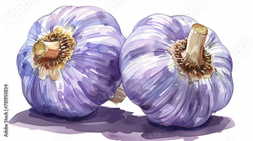 two garlic isolated on white in watercolor style