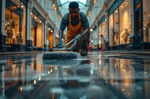 AI generated illustration of a man utilizing wet surface cleaning on the floor photo