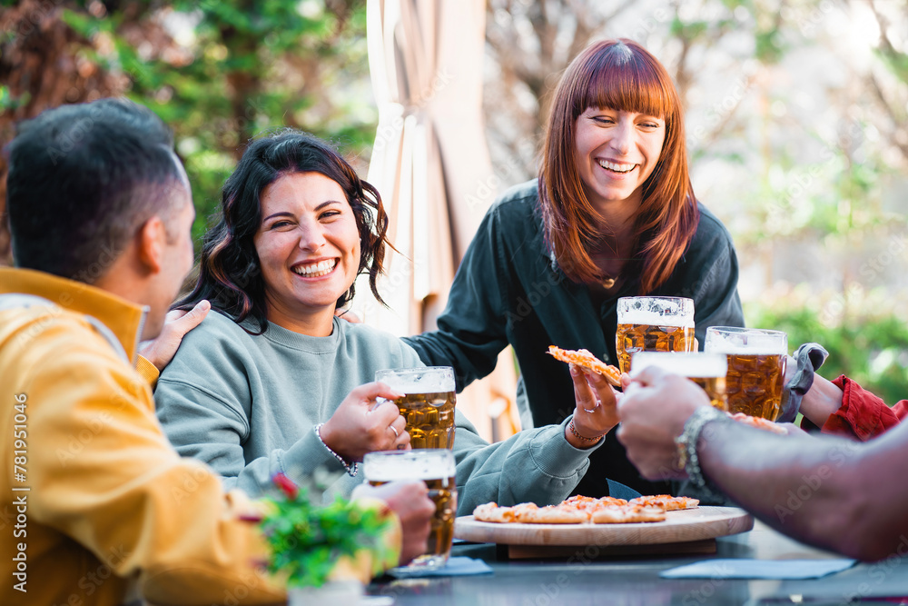 Close-knit friends share a hearty laugh over chilled beer and pizza in an outdoor garden - a moment of joy and camaraderie - weekend activities lifestyle