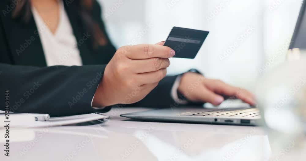 Hands, business and woman with credit card, laptop and banking with ecommerce and payment. Person, accountant and broker with computer or online purchase with transactions and investment with savings Hands, business and woman with credit card, laptop and banking with ecommerce and payment. Person, accountant and broker with computer or online purchase with transactions and investment with savings