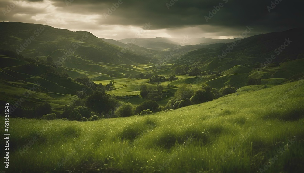 AI generated illustration of sunlight filters through clouds over the lush green landscape