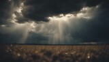 AI generated illustration of a sunbeam shining through clouds above the tall grass