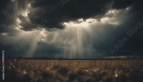 AI generated illustration of a sunbeam shining through clouds above the tall grass photo