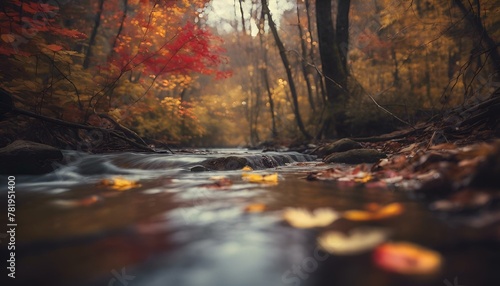 AI generated illustration of autumn foliage blankets a serene woodland river with vibrant leaves
