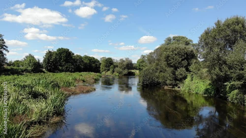 Fly Over Tranquil Water With Mirror Reflection On Miño River In Lugo, Galicia, Spain. Fly Over Tranquil Water With Mirror Reflection On Miño River In Lugo, Galicia, Spain.