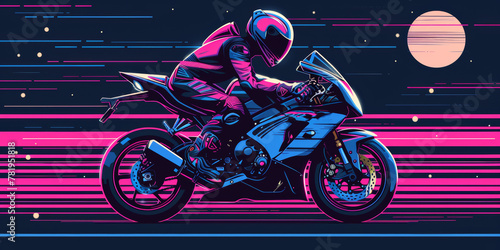 motorcyclist racer on a sports bike in dynamic motion against an abstract background in grunge style. Concept: speed and competition, bikers and adrenaline
