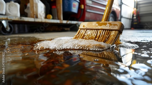 An oil spill in a home garage is cleaned up using water and a straw-bristled broom along with granules of oil-absorbing cat litter. photo