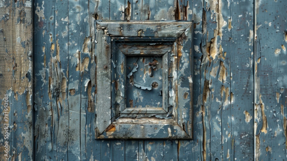 A weathered wooden door with a chipped paint surface, revealing a smooth, unpainted square in the center. A weathered wooden door with a chipped paint surface, revealing a smooth, unpainted square in the center.