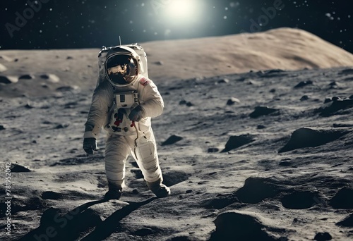 AI generated illustration of an astronaut exploring lunar surface in spacesuit and helmet photo
