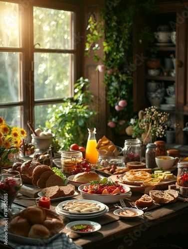 Kitchen table adorned with a variety of fresh fruits and refreshing juice, AI-generated.