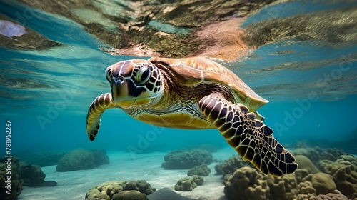 AI generated illustration of a green sea turtle swimming in shallow waters