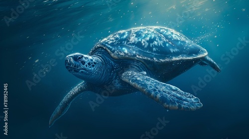 AI generated illustration of a sea turtle swimming with bubbles in the water