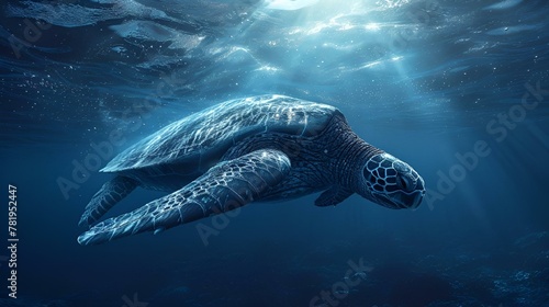 AI generated illustration of a turtle swimming underwater with sunlight illuminating its eyes