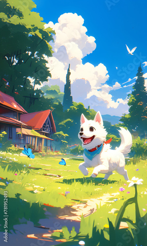 Smiling  puppy playing with  butterflies in countryside setting. Colorful summer scene artwork. Outdoor adventure and animal joy theme. Design for children's book, animation background