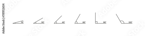 Degree angle lines set. Line angular degrees. Geometric rotation measure.