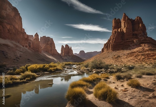 A landscape of a desert canyon with river stream in between. photo