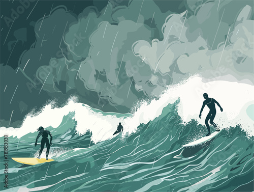 Thrilling Surf Session Under Stormy Skies: Surfers Defy the Elements in an Animated Adventure