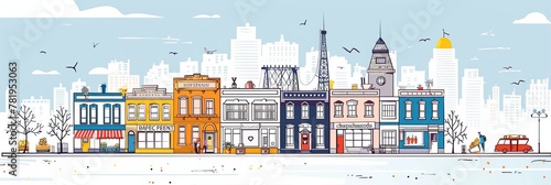 Skyline of a city rendered in line art. A landscape featuring row homes for a post office, bakery, supermarket, and cafe. Horizontal street panorama. Vector illustration  photo