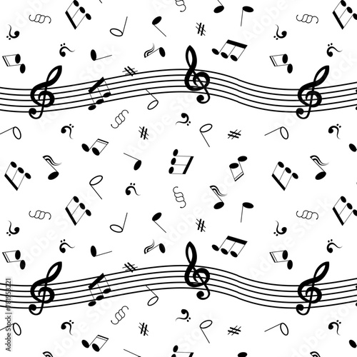 Musical signs on a white background.Vector seamless pattern with black musical notes on a white background.