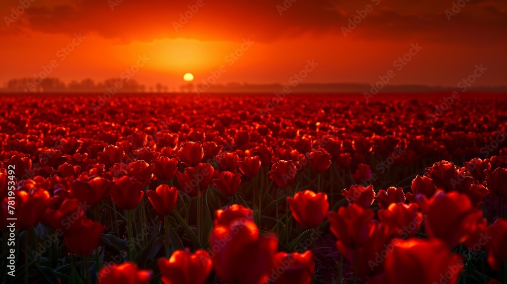 Vibrant Sunset Over Lush Red Tulip Field in Bloom