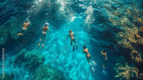 Group of people learning to dive in a pure blue ocean 