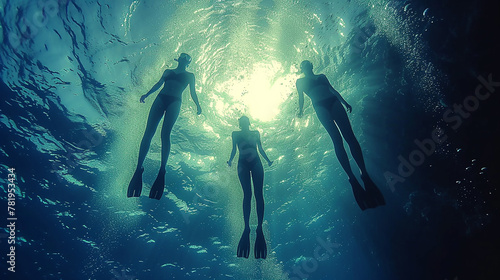 Group of people learning to dive in a pure blue ocean  © nanihta
