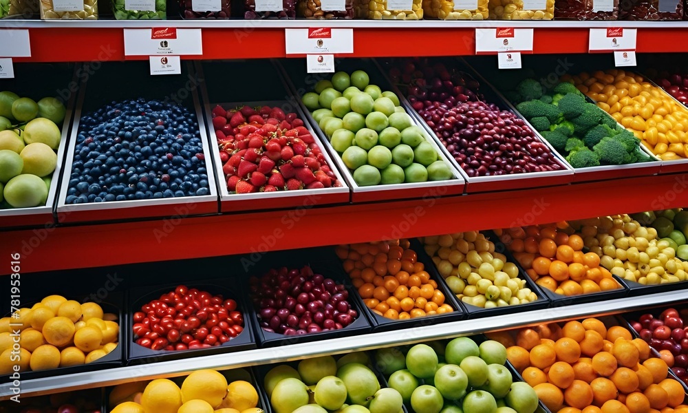 several types of fruits are in a grocery store display rack