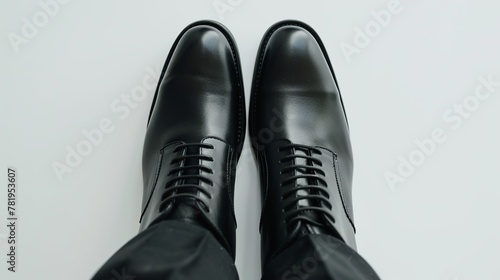 close-up Men's black shoes against a white backdrop. photo