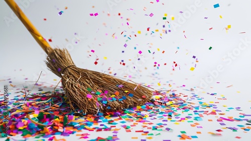 Broom in closeup against a white background. Confetti sweeping following a celebration or party. Colorful confetti lying on the white background. 