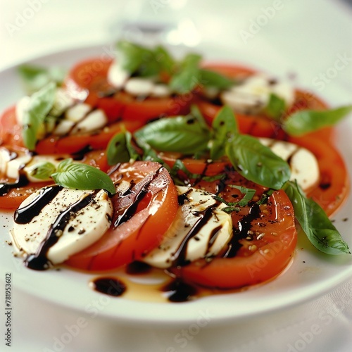 a plate with tomatoes and mozzarella, on a table