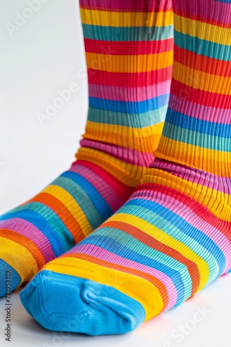 closeup bright colorful rainbow striped socks with a wide rubber band. The socks are shaped as human legs. isolated on a white background. 