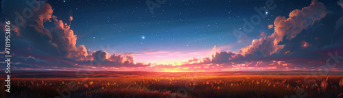 Create a digital landscape of a vast prairie under the night sky, emphasizing the beauty of the natural world.