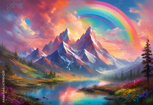 a mountain landscape with a rainbow in the sky and a lake © Wirestock