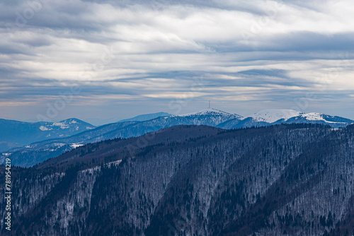 winter mountain landscape, a mountain range covered with bare trees, snow-capped mountain peaks on the horizon and a dark gray winter sky