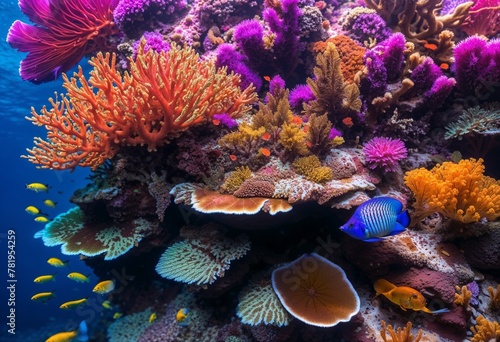 a coral reef is covered in many bright corals and sea fans