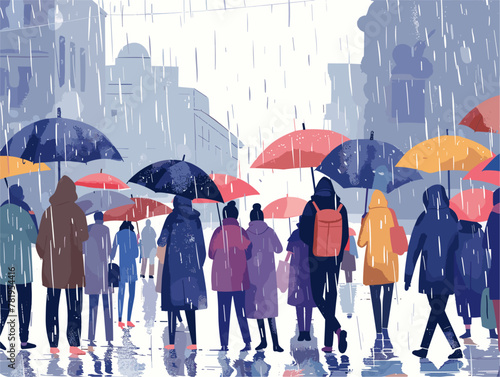 Animated Commuters Seeking Shelter from Inclement Weather Amidst Urban Landscape