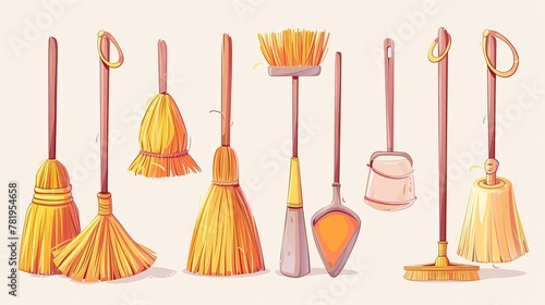 Broom and mop for housework. sweeper brooms, dustpan-equipped cleanup brooms, and household cleaning mops. Isolated cartoon vector illustration symbols set