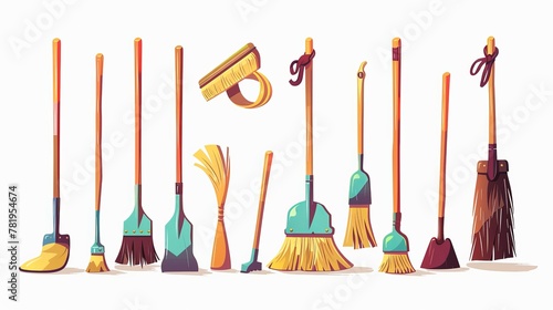 Broom and mop for housework. sweeper brooms, dustpan-equipped cleanup brooms, and household cleaning mops.  Isolated cartoon vector illustration symbols set