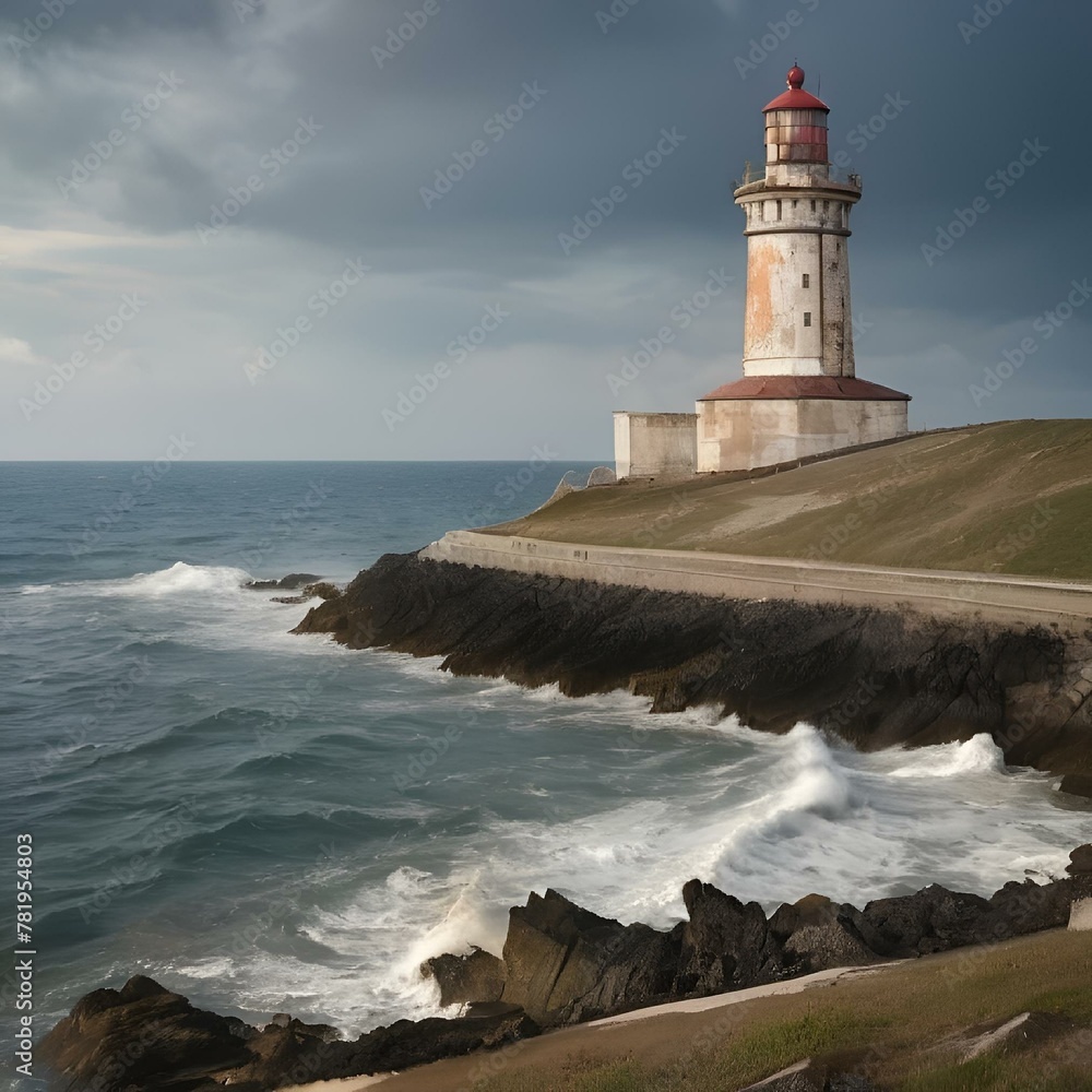 a lighthouse sits high on the edge of the water with an ocean behind it