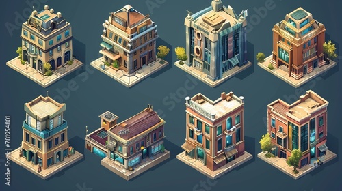 Isometric building set for design. There are additional comparable illustrations available.   combined to create a city.  © Zahid