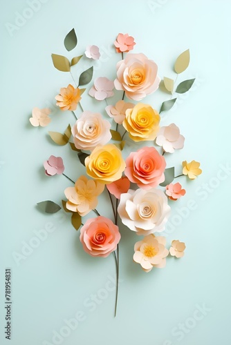 colorful paper flowers arranged on a blue wall by natalie vandersoor for stocks