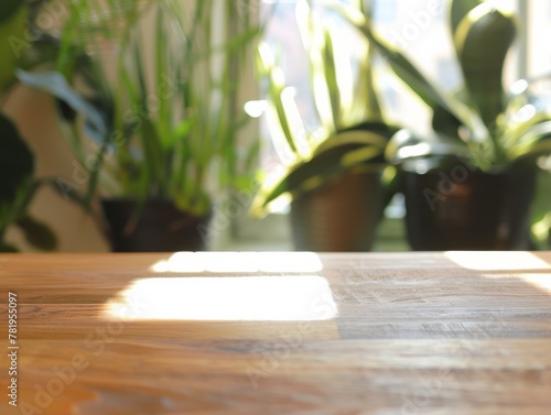 The morning sun creates intriguing play of light and shadow on a wooden table with green potted plants in the background