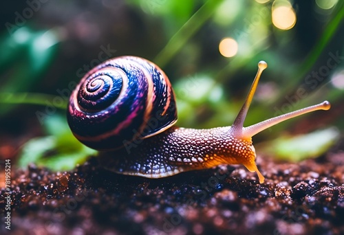 a snail crawling over dirt and weeds in the grass near the water