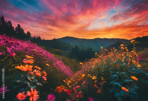 a beautiful sunrise with wild flowers in the foreground, and a view of mountains