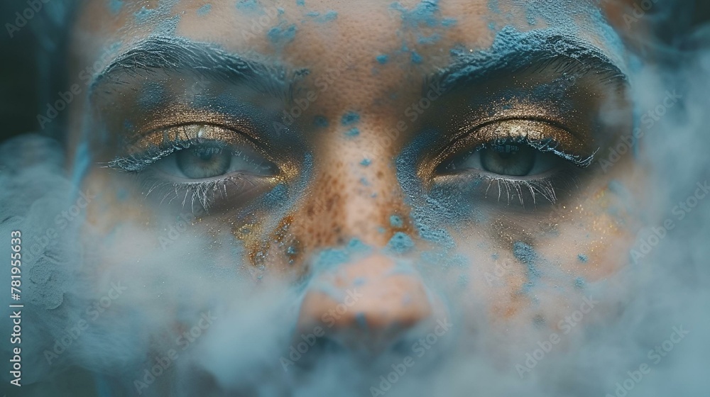 woman's face covered in blue paint with smoke blowing