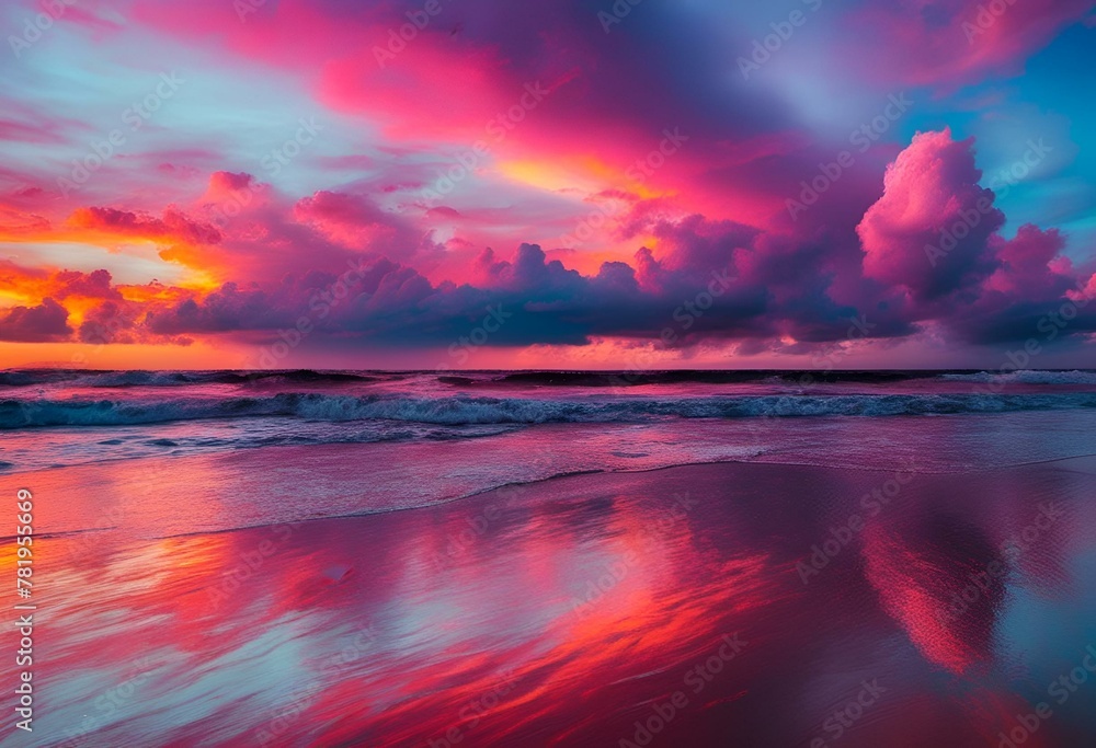 the sunset over the ocean and clouds, reflected in water