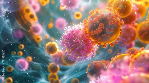 A digital illustration showcasing a dynamic contrast between healthy cells enhanced by vitamin C.