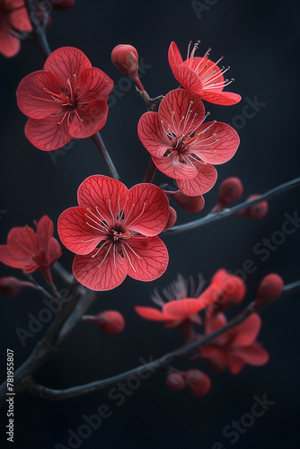 fractal flowers, nature photography, Chinese Red Plum Blossom ,dark background © Jirut