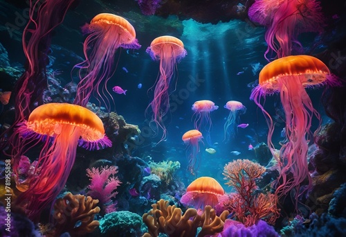 Multiple jellyfish swimming underwater on the sea floor, AI-generated.